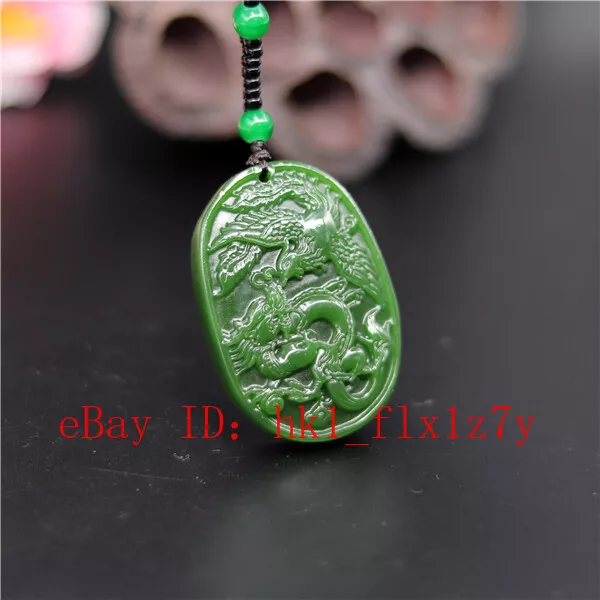 Green Dragon Phoenix Carved Jade Pendant Necklace Fashion Charm Amulet Gifts