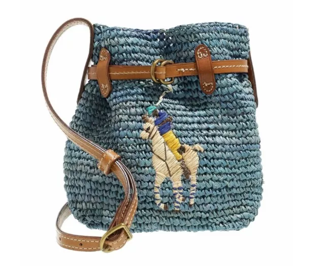 Polo Ralph Lauren Raffia Big Pony Mini Bellport Straw & Leather Bag Drawstring