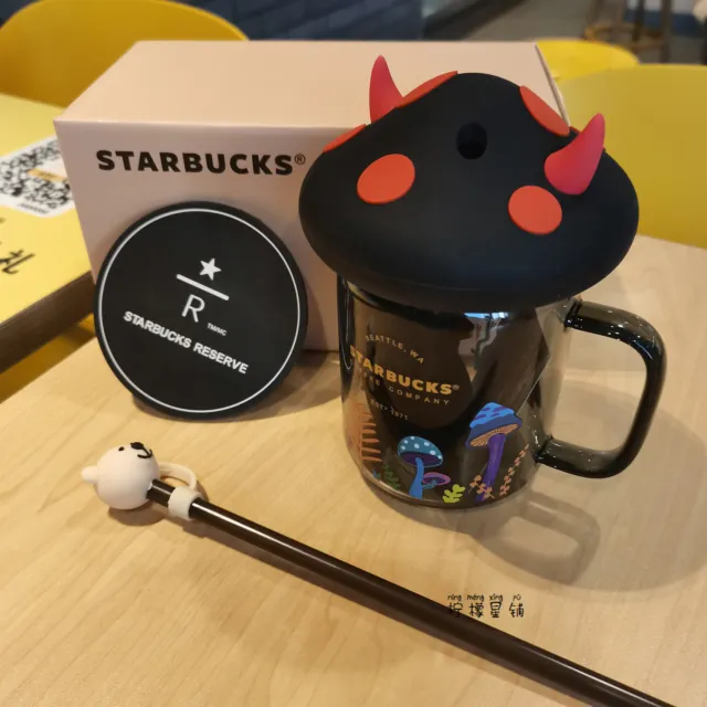 2022 Starbucks Black Halloween Mushroom Mason Straw Cup 18oz Mug Plug W/Coaster