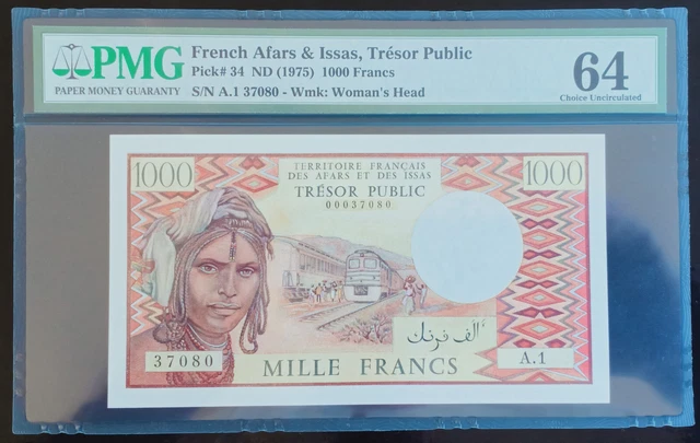 A19 - French Afars & Issas 1975 Banknote 1000 Francs P-34 graded PMG 64 UNC