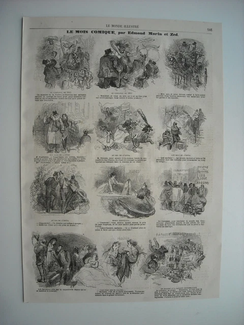 Gravure 1865. Le Mois Comique, Par Edmond Morin Et Zed. 12 Caricatures Avec Lege