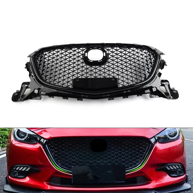 Front Bumper Honeycomb Grille For Mazda 3 Axela 2017-2018 - Gloss Black ABS Replacement