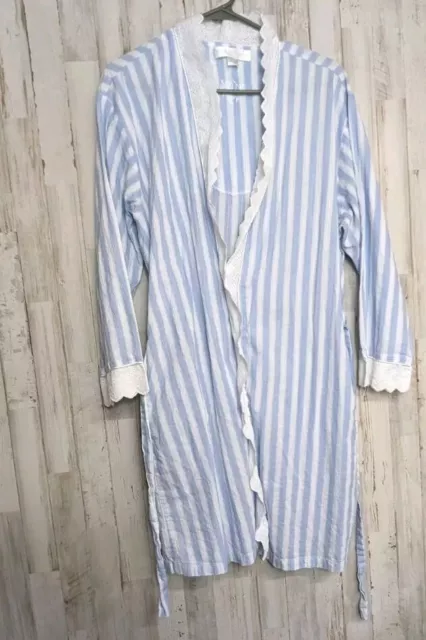 EILEEN WEST M Robe Cotton Lace Blue White Striped Pockets Lightweight