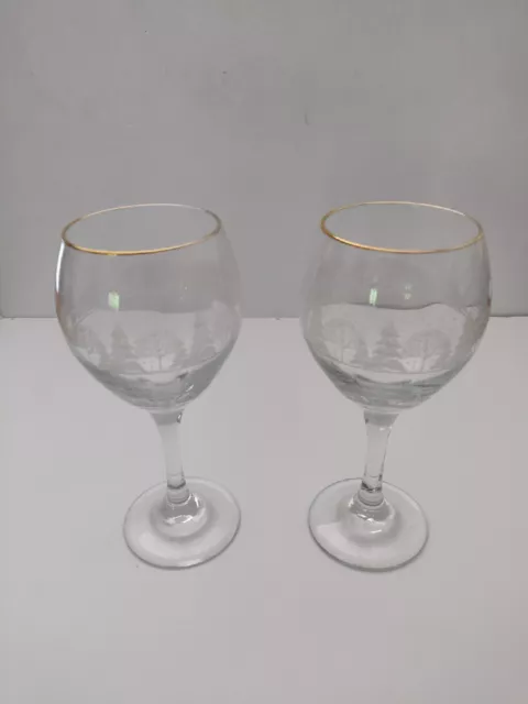 Vintage 7-3/4" Arby's Libbey Frosted/Gold Rim Wine Goblets Winter Scene Set of 2