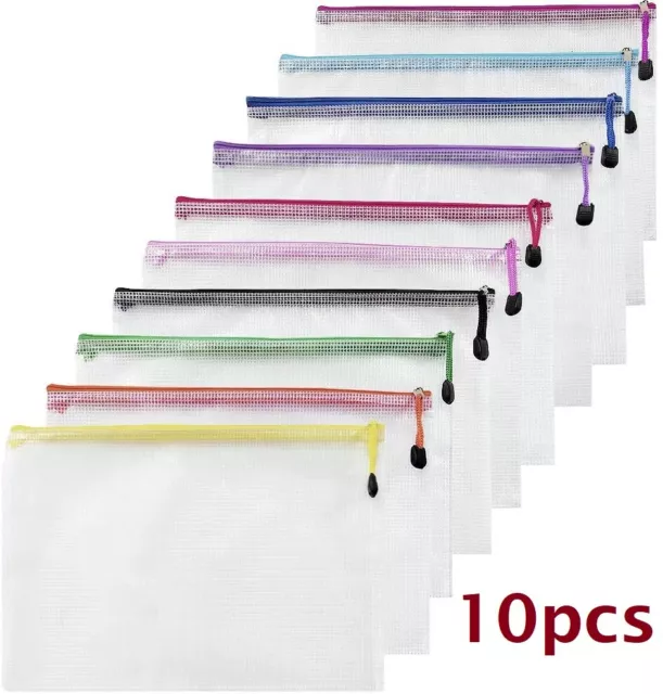 10pk A4 Plastic Mesh Document Wallets Files Zip Lock Bags School Office Pouch