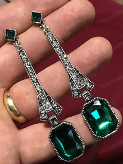 Vintage Style Art Deco Egypt Geometric Large Drop Earrings Green Glass Crystal 2