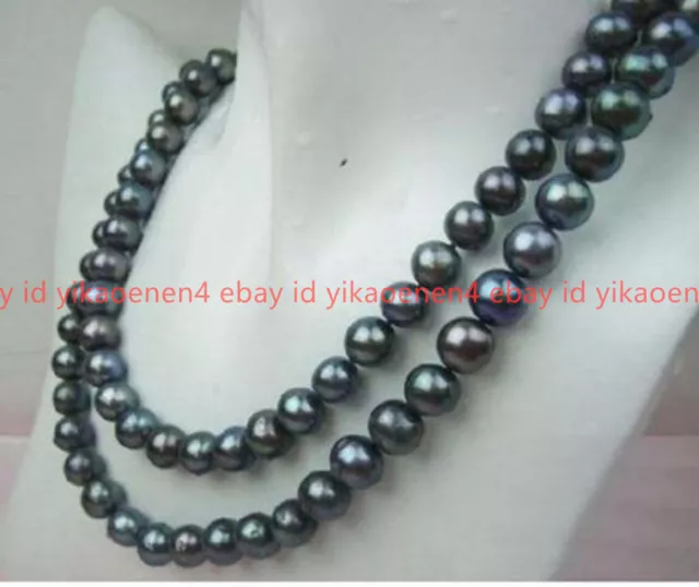 Genuine 7-8/8-9Mm Natural Tahitian Freshwater Black Pearl Long Necklace 36"