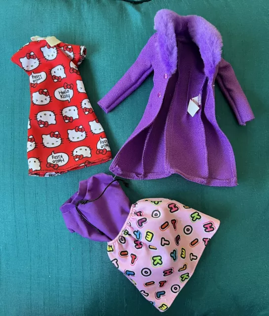 lot 3 Vintage Barbie outfits Hello Kitty Dress Purple Faux Collar Coat + More lot 3 Vintage Barbie outfits Hello Kitty Dress Purple Faux Collar Coat + More