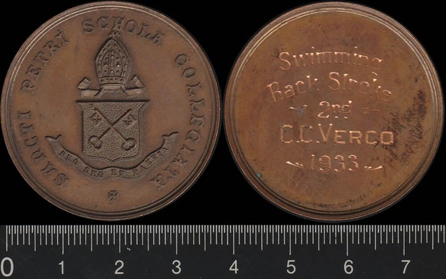 Australia: 1933 St Peter's College Adelaide Swimming, Backstroke 2nd Place medal