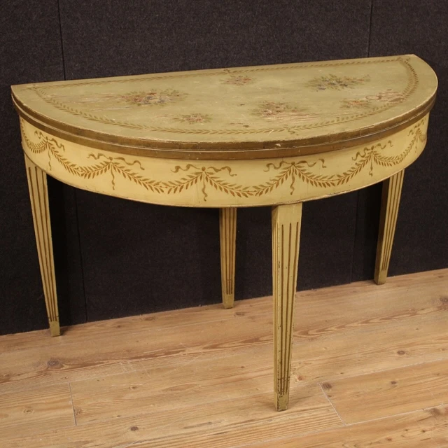 Tavolo console a mezzaluna mobile stile antico Luigi XVI legno laccato dipinto