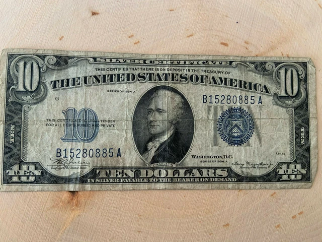 1934-A $10 Ten Dollars Blue Seal Silver Certificate Currency Note -G163 5