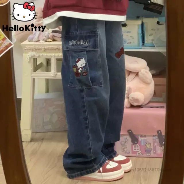 Hello Kitty Y2K Wide Leg Jeans Embroidered Workwear Wide Leg Pants