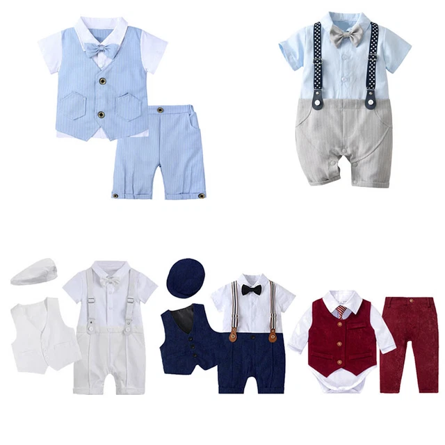 Baby Boys Gentleman Outfit Set Bow Shirts Romper Pants Suit Party Formal Set