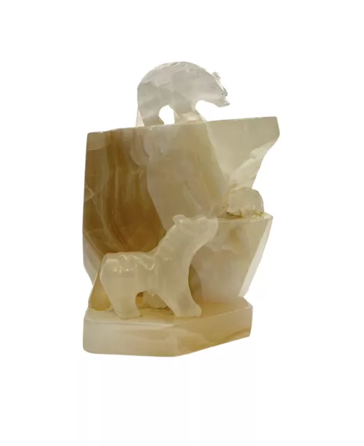 Polar Bear Sculpture on Iceberg Carved Onyx Vintage Heavy Alabaster Statue Decor