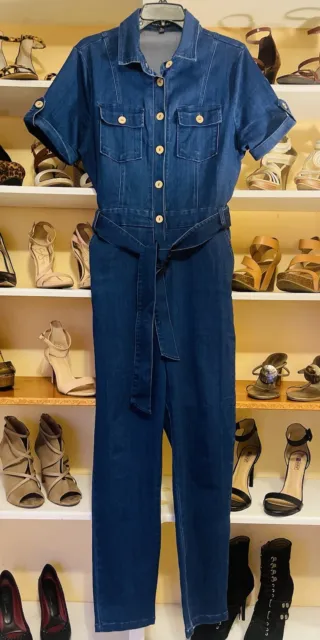 Haute Monde blue denim stretchy belted button front jumpsuit Extra  Large