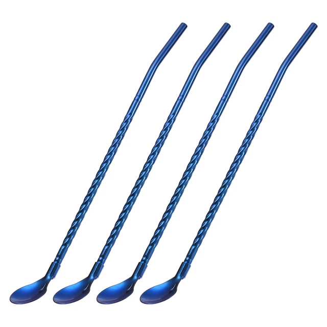 4Pcs 8.6" Stainless Steel Spoon Straws Reusable Twist Handle Spoon, Blue