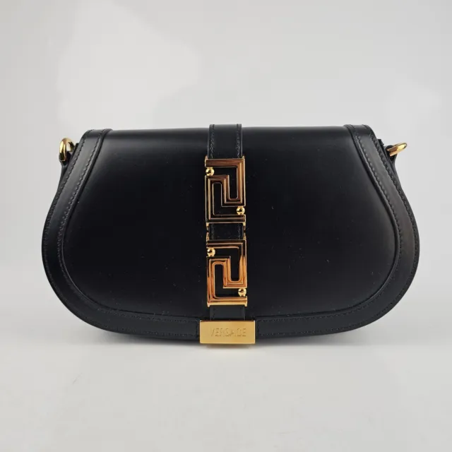 Versace Greca Goddess Medium Black Leather Shoulder Bag New