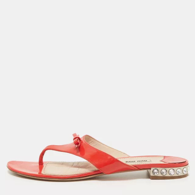 MIU MIU RED Patent Leather Bow Crystal Embellished Thong Flats Size 40 ...