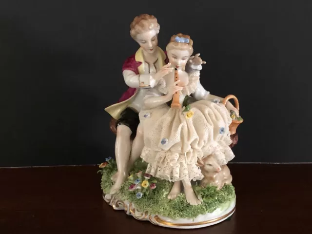 Antique Unterweissbach Dresden Porcelain Lace Figurine Couple with Lamb 