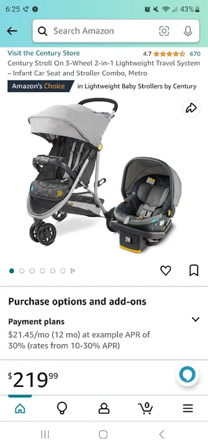 Century Stroll On 3-Wheel Lightweight Travel System, Metro