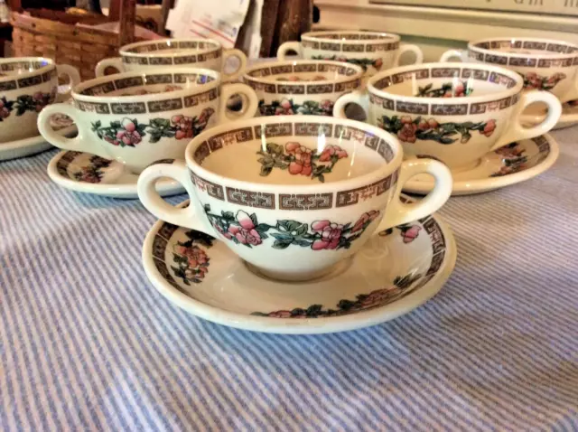 4 Vintage Syracuse China Indian Tree Bouillon Cups & Saucers Restaurant Ware USA