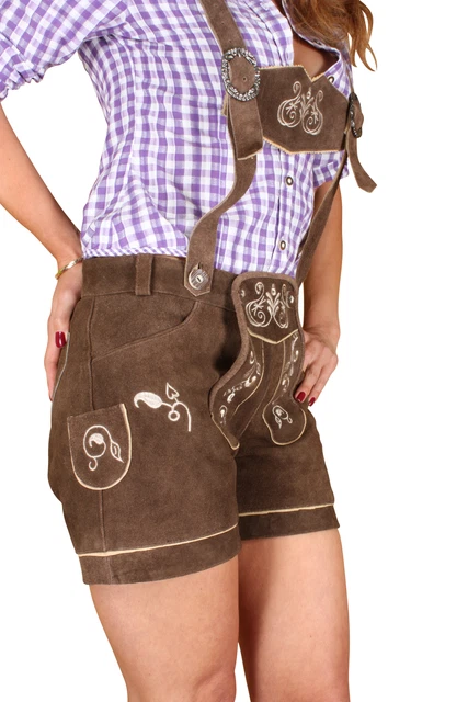 Trachten Lederhose für Damen Kurz mit Hosenträgern Gr. 32 braun  kudc1 2