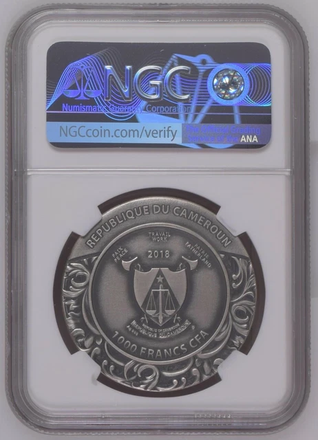 NGC MS70 Cameroon 2018 St. Aloysius Gonzaga Carved Skull Silver Coin 1oz COA 2