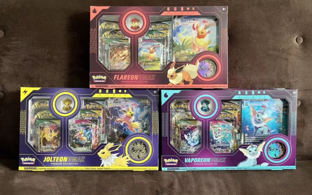  Get All 3 Sets! Pokemon Eevee Evolution: Vaporeon, Jolteon &  Flareon Vmax Premium Collection Booster Box Sets : Toys & Games