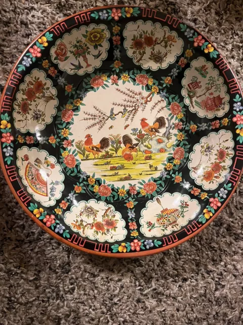 Vintage England Daher Decorated Ware 1971 Rooster Tin round molded Tray Bowl