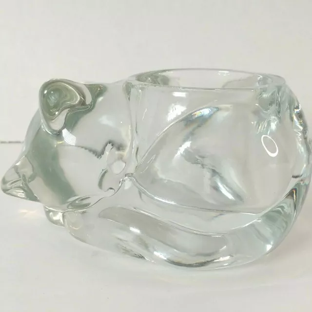 Vintage Indiana Glass Votive Cat Sleeping Candle Holder Clear Crystal
