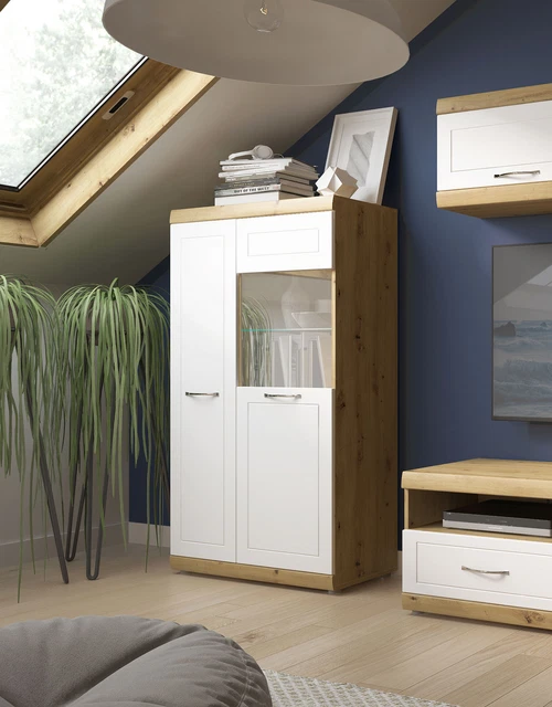 Vetrina stand ""Kvantum"" vetrina in vetro 88 cm rovere artigianale MDF bianco opaco