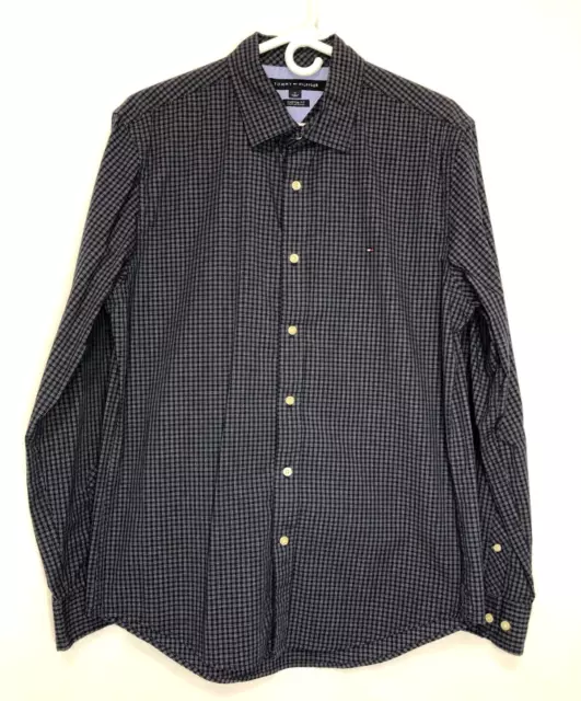 Tommy Hilfiger Mens Dark Blue Plaid Dress Shirt Size Medium