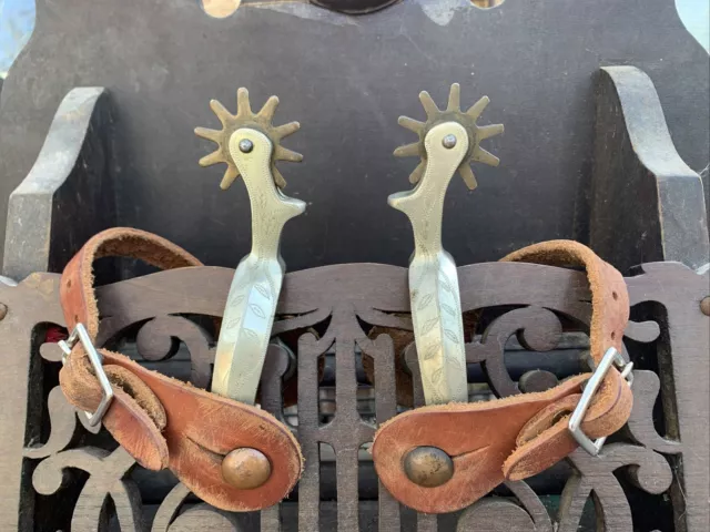 Antique Vintage Western Engraved Cowboy Spurs Complete With Straps