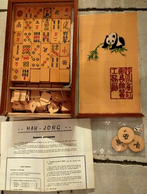 Luxueux jeu de Mah-jong - 144 tuiles en os & bambou - Mallette bois