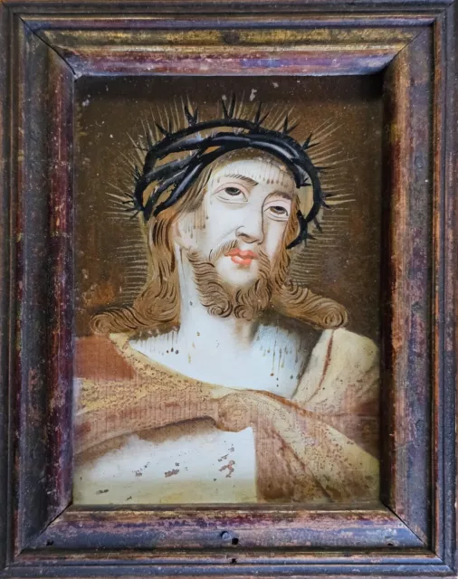 Ziemlich altes Heiligenbild Jesus Christus mit Dornenkrone - hinter Glas gerahmt