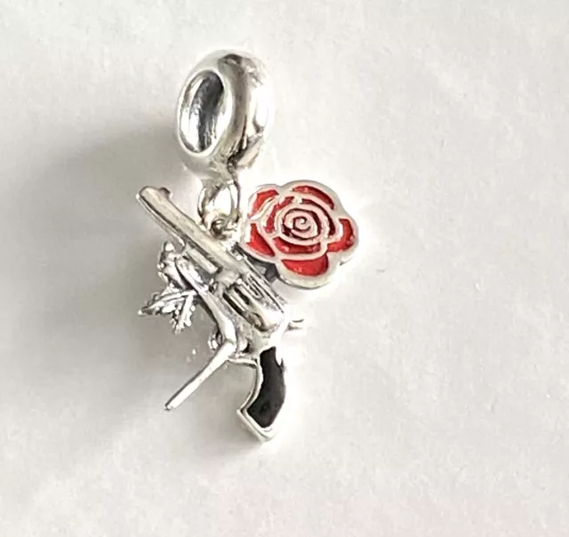 Sterling Silver 925 🌸 Gun & Red Rose Flower Dangle Charm & Gift Pouch