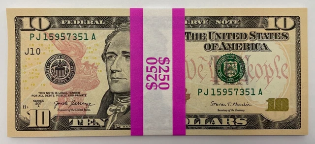 NEW Uncirculated TEN Dollar Bills, SERIES 2017A, $10 Sequential Notes, Lot of 25