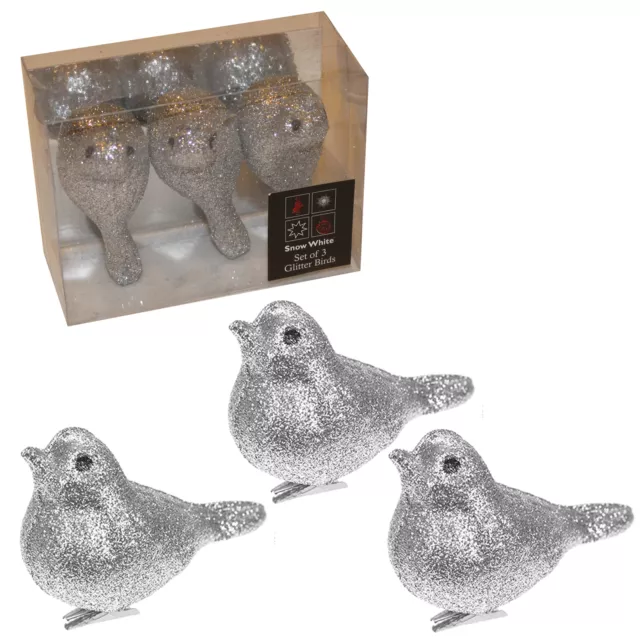 Christmas Decoration 3 Pack 8cm Clip on Glitter Birds - SIlver