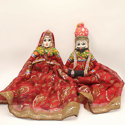 Handmade Rajasthani Wooden Puppet Dolls Set Face String Kathputli Wedding Decor
