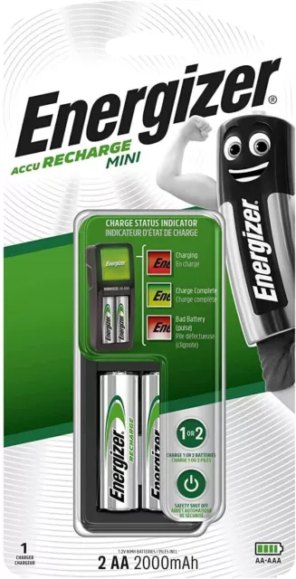 Chargeur de piles RECHARGEABLES ronde AA NiMH +2 accus 2000mA Energizer Charger