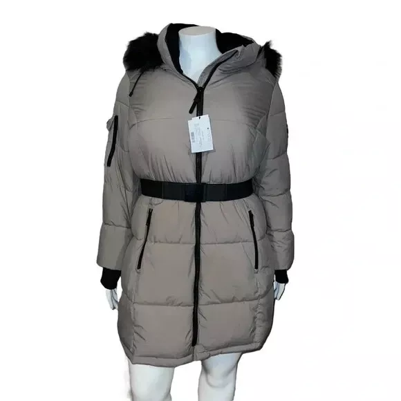 DKNY Womens Plus Size Belted Faux-Fur-Trim Hooded Puffer Coat Taupe & Black 1X