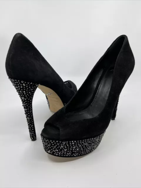 Brian Atwood Black Suede Platform Heels Pumps Sparkly Rhinestone Embellished 8.5