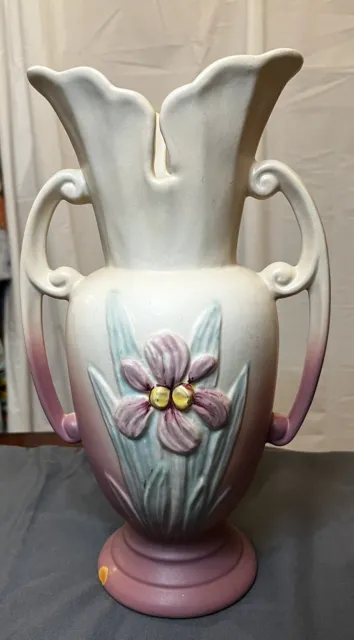 Vintage Hull Art Pottery Double Handled VASE USA 10.5” IRIS Flowers Pastel 414
