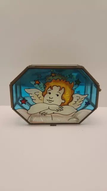 Vintage Stained Brass Angel Glass With Mirror Trinket/Jewelry Box ~Beautiful