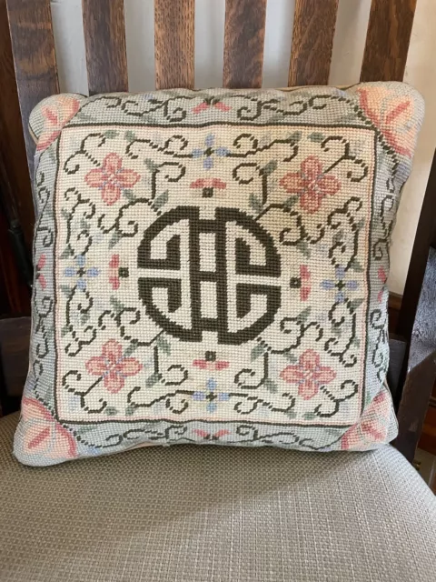 Vintage Chinoiserie Floral Needlepoint Pillow - Pink Olive Blue - Grandmillenial