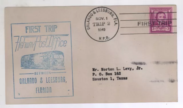 1949 Orlando -Leesburg FL Nov 1 Trip 2 Highway Post Office First Trip Cover! HPO
