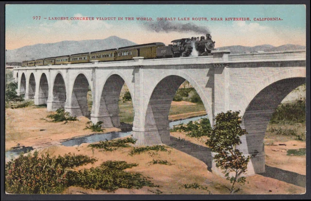 Los Angeles & Salt Lake RR Concrete Viaduct Bridge Riverside CA postcard c 1910