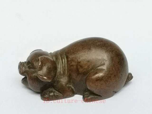 Signature Chinese Bronze Carving pig Statue desk Decoration Gift old Collection