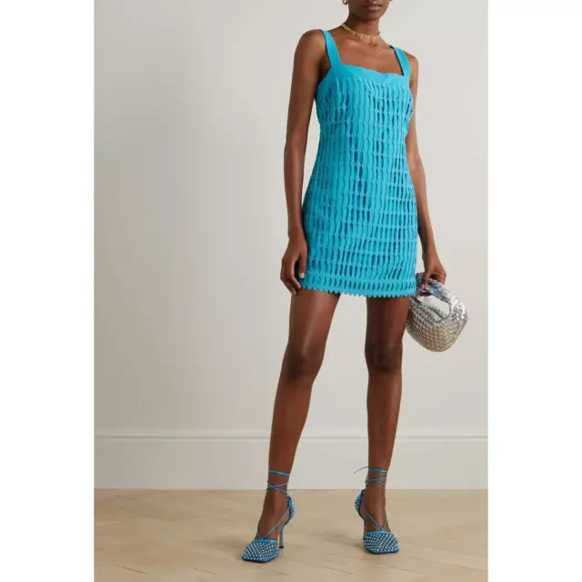 Jonathan Simkhai Artemis Dress Crochet Mini Shift Blue Square Neck Size 8 NWT