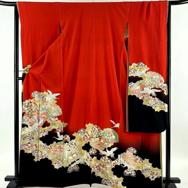 Japanese kimono SILK"FURISODE" long sleeves,Gold /Silver,Matu/Take/Ume 5'4".3384